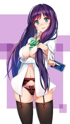 boob cartoon bleach girls beach - black legwear black panties blush breast hold breasts bunching hair card  deneb dress shirt garter belt garter straps green eyes hair down highres  large ...